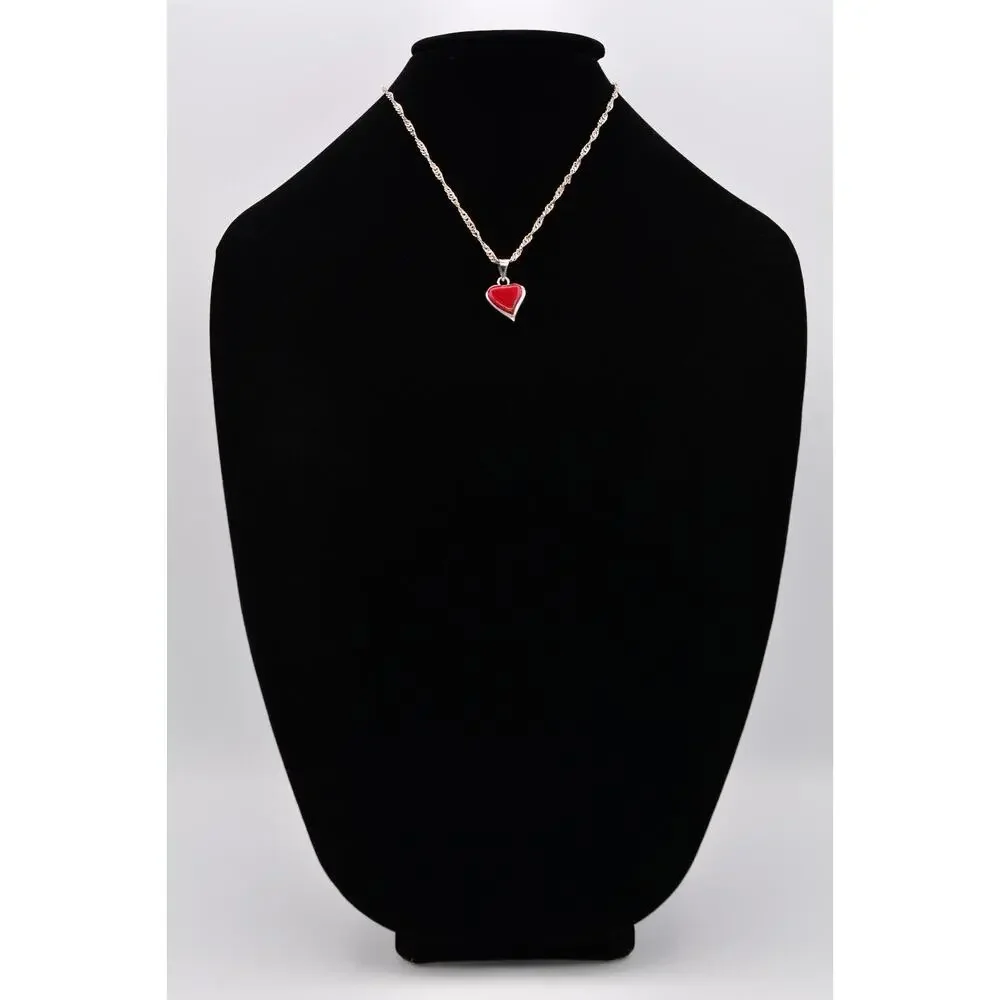 ATI 925 Mexico Heart Pendant Necklace Red Stone Sterling Silver Signed Bin8